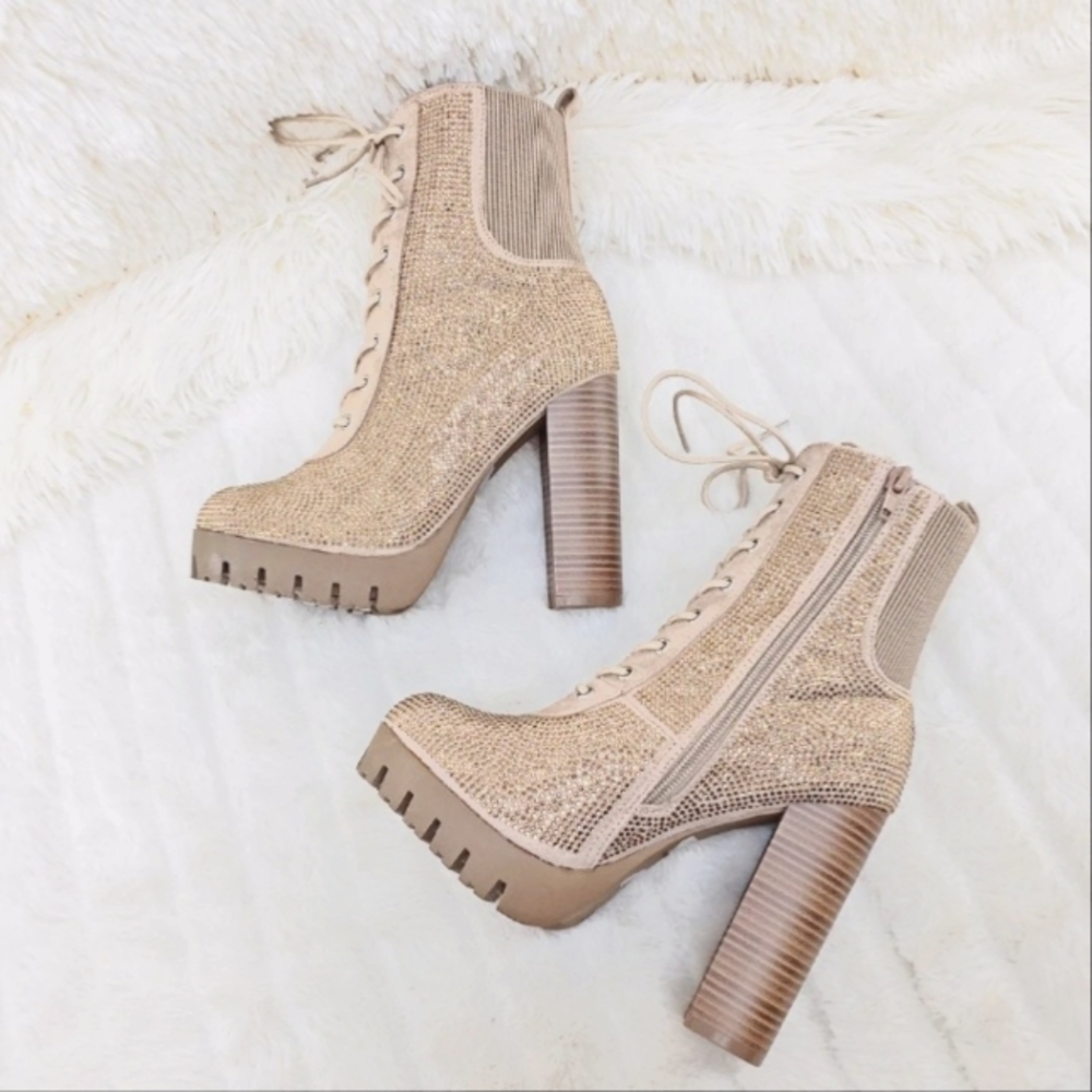 WILD DIVA VERONICA RHINESTONE CHUNKY HEEL ANKLE BOOTS NATURAL size 10